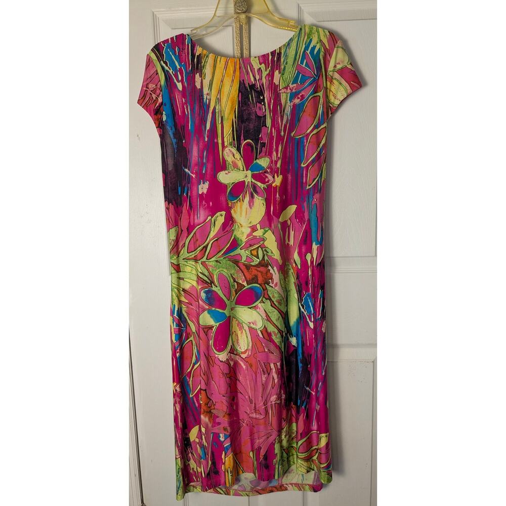 Alex Kim Smooth Knit Red Pink Op Art Size Large Wrap Look Dress Cap Sleeve